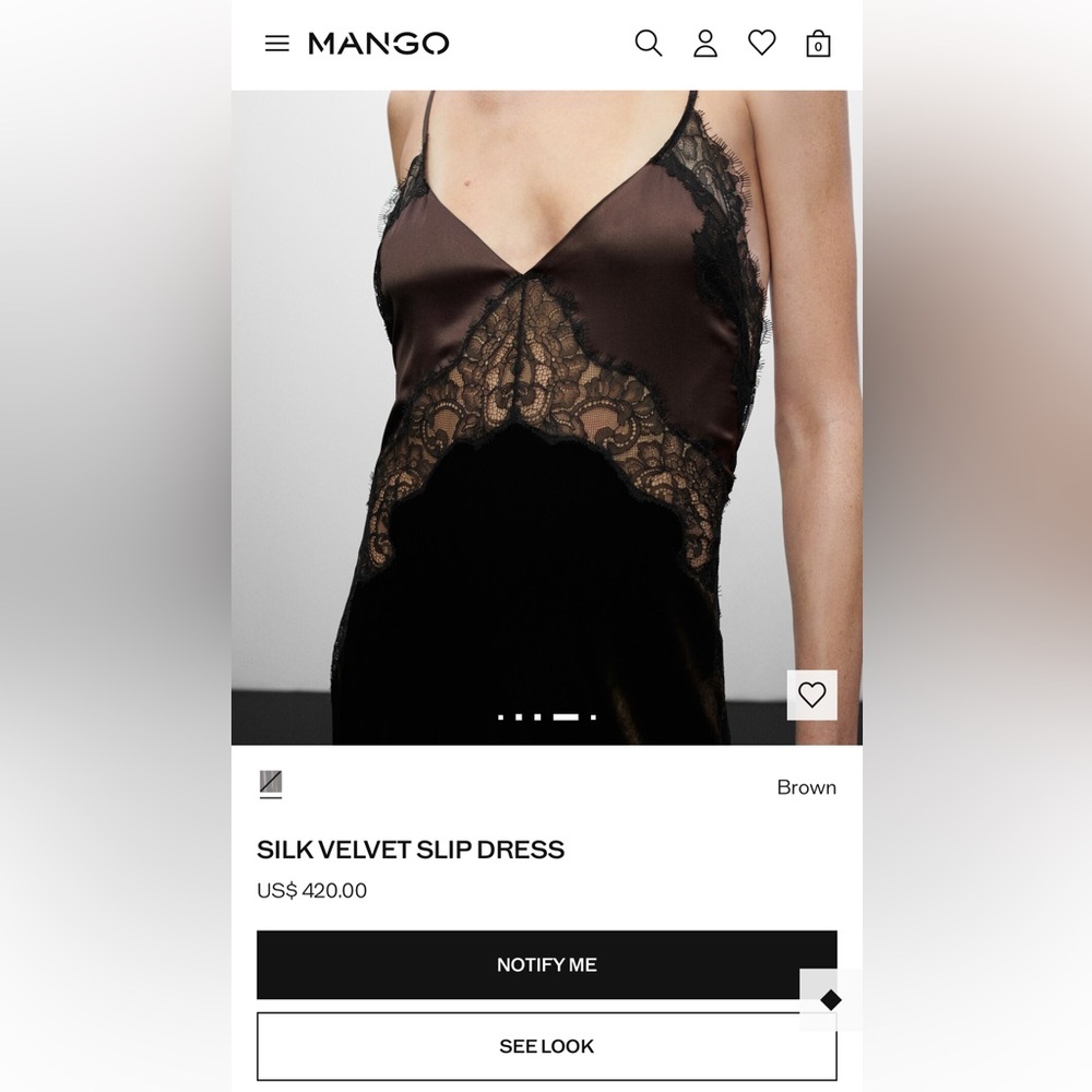 Mango Brown Silk Velvet Slip Dress with Black Lace Trim